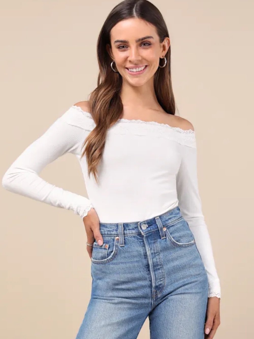 Lulus White Lace Off Shoulder Bodysuit Long Sleeve NWT Size M